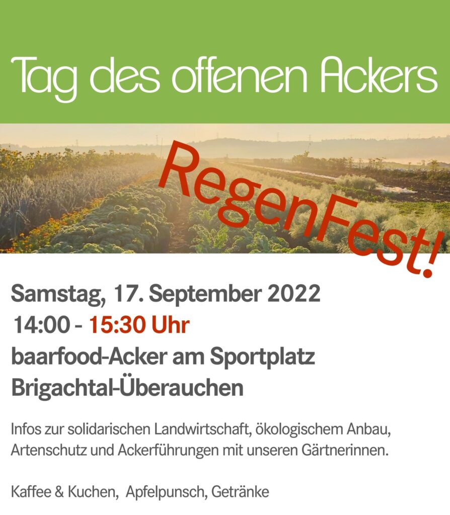 RegenFest diesen Samstag, 17. September 2022 von 14:00 - 15:30 Uhr auf dem baarfood-Acker am Sportplatz Überauchen